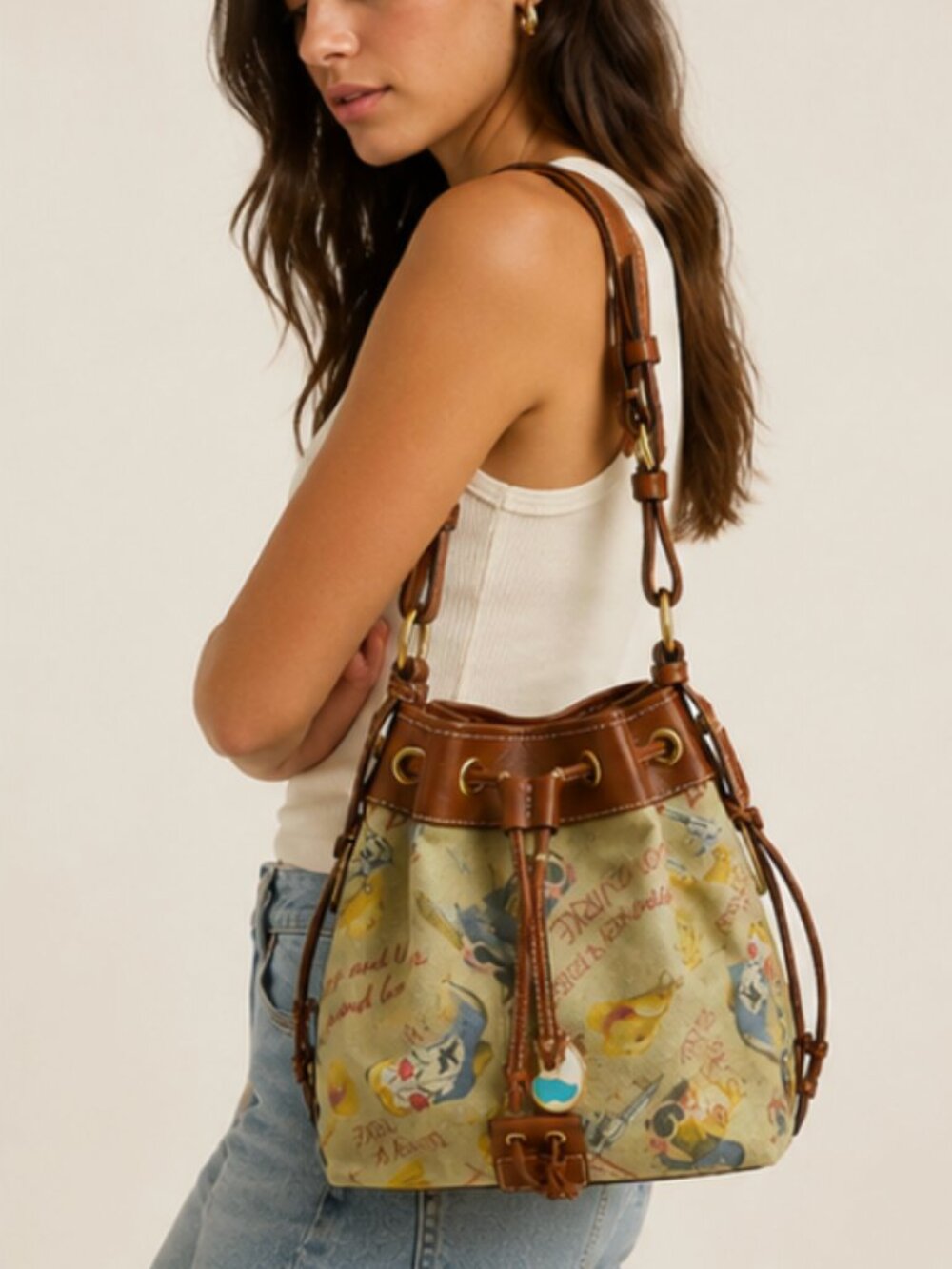 Dooney & Bourke Western Cowboy Boots Vintage Leather Canvas Drawstring Bucket - Picture 2 of 7